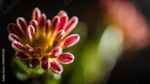 dew. Close-up of vibrant flowers with dew drops, transitioning to a soft boke...