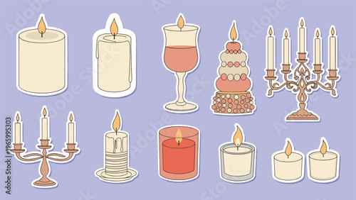 Delightful sticker collection of various candles and candelabras, each with a warm glow, perfect for adding cozy or festive touches to crafts.