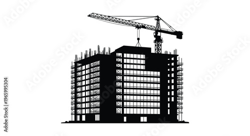 A stark black silhouette depicts a building under construction with a towering crane showcasing urban development silhouette high quality professional detailed
