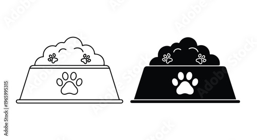 Black and white illustration of two dog food bowls with paw print designs on a plain white background.