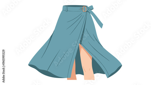 Stylish and flowing midi-length skirt with a high front slit and a belted waist, showcasing dynamic movement and modern feminine fashion.