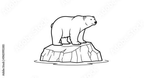 Minimalist polar bear line art vector, arctic animal standing on floating ice floe, black and white wildlife illustration for coloring book