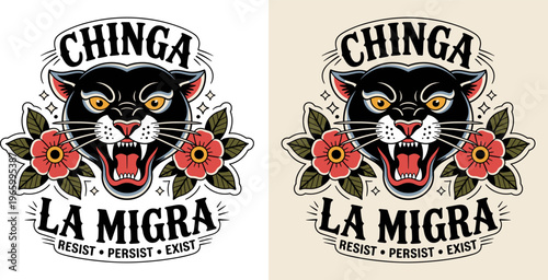 Traditional Tattoo Black Panther Illustration with Chinga La Migra Typography Graphic