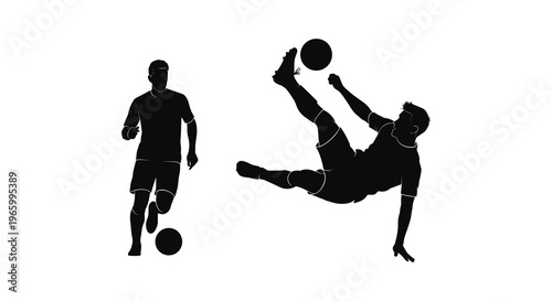 Two soccer players depicted in dynamic action one heading a ball and the other running presented as a silhouette high quality