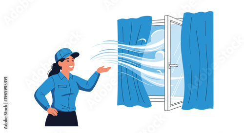 Woman in a blue service uniform gestures toward an open window with a fresh breeze blowing through the curtains.