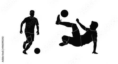 Two soccer players in action one performing a bicycle kick depicted as a striking black silhouette high quality professional detailed modern