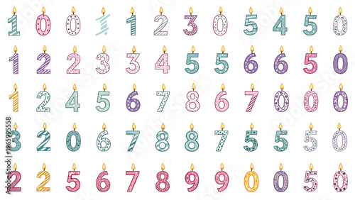 Extensive collection of colorful number birthday candles from 0 to 9, each adorned with unique patterns, perfect for celebrating any age or milestone.