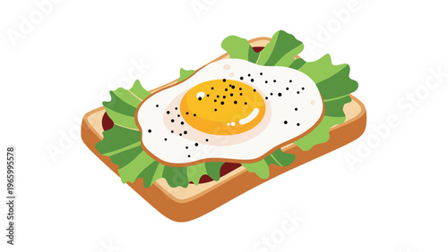 Delicious breakfast toast topped with a perfectly fried egg, fresh lettuce, and pepper sprinkles, making a healthy and appealing morning meal.