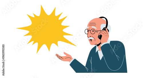Surprised elderly man with glasses and hearing aid talks on the telephone beside a bright yellow speech bubble.