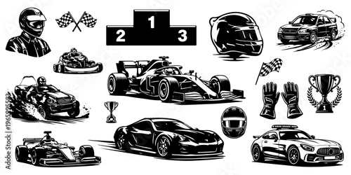 Car racing and motorsport vector silhouettes set. Car, sports car, rally car, go-kart, driver helmet, trophy, podium, and checkered flags isolated