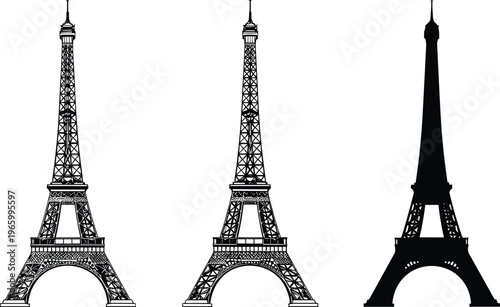 A striking black and white illustration depicts three variations of the eiffel tower showcasing differing levels of detail and shading high quality professional