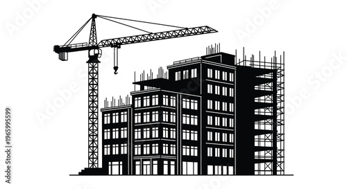 A stark black and white image depicting a construction site with a crane and a building under construction silhouette high quality