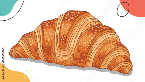 Delicious golden-brown croissant, perfectly flaky and inviting, adorned with vibrant abstract shapes, suggesting a delightful breakfast or snack.