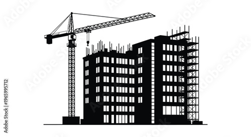 A stark black silhouette depicts a construction site with a towering crane and rising building structure silhouette high quality professional detailed