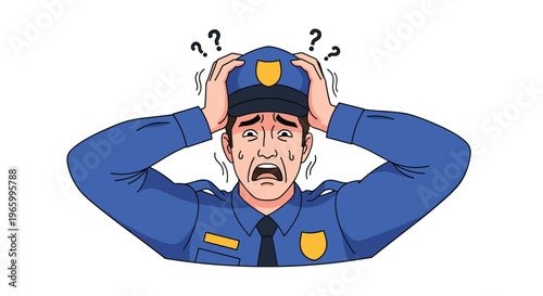 Panicked police officer in blue uniform holds his head in distress while surrounded by question marks and sweat drops.