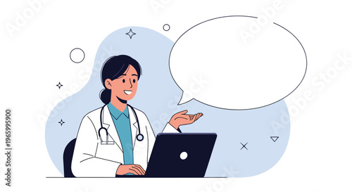 Professional female doctor in lab coat uses her laptop and gestures toward a large blank speech bubble for text.