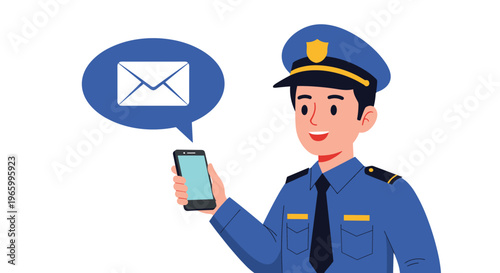 Young police officer in uniform smiles while holding a smartphone with a message notification in a blue bubble.