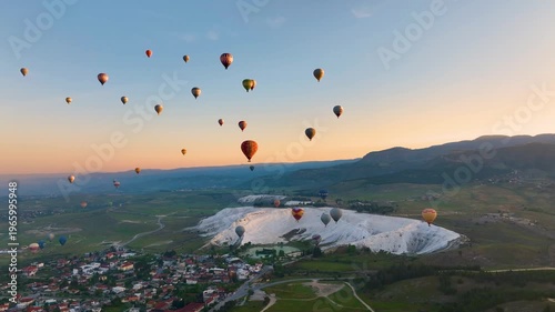 Hot air balloons and Natural travertine pools at sunrise in Pamukkale, Hierapolis, Denizli, Turkey