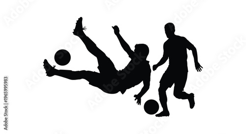 Two athletes engaged in a dynamic soccer match one performing an acrobatic kick presented as a silhouette high quality professional detailed