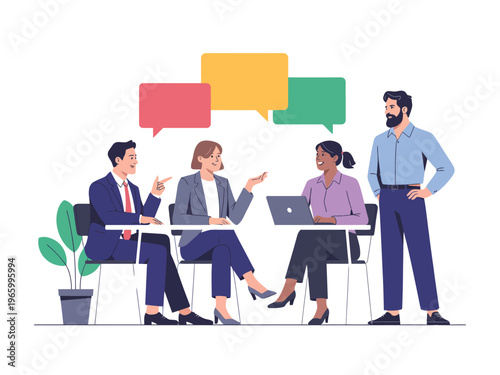 Diverse team members collaborate around a table with colorful speech bubbles.