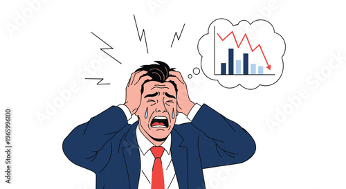 Crying businessman in a dark blue suit holds his head in despair while thinking about a falling market chart.
