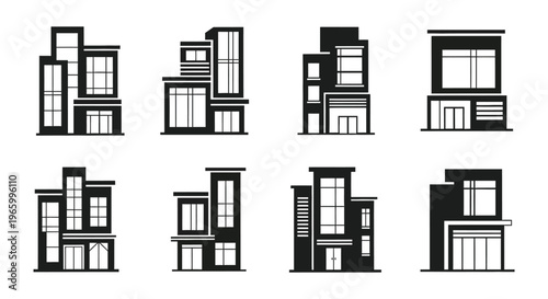 A collection of modern architectural designs featuring geometric shapes and stark contrasts presented as a silhouette high quality professional detailed elegant