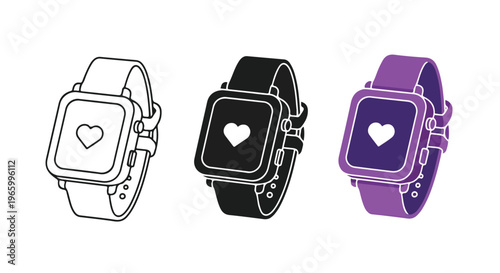 Three modern smartwatches displayed in outline, black, and purple colors showing a heart icon on screen