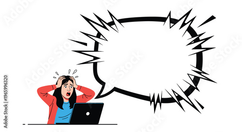 Shocked woman at a laptop holds her head in panic next to a large jagged empty black speech bubble for news.