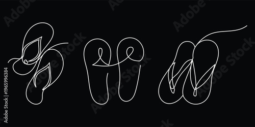 Minimal flip flops continuous one line drawing, white outline summer sandals illustration on black background, modern abstract footwear design collection