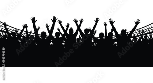 A jubilant crowd with raised arms celebrates a victory depicted as a striking black silhouette high quality professional detailed modern elegant