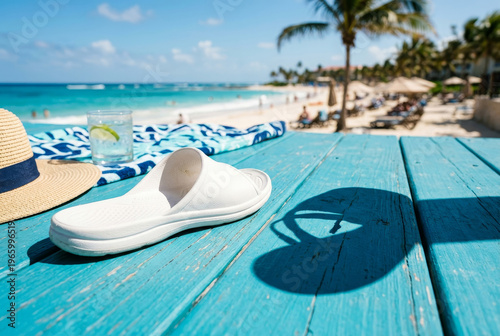 Warm day at the beach with a white sandal on a wooden table and a view of the ocean