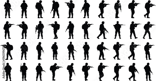 Military silhouettes, armed soldiers, rifle positions, tactical stances, combat readiness, battlefield movement, defense vigilance, patriotic duty, uniformed personnel, security posture