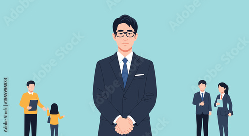 Confident businessman standing with his hands clasped as people representing family and work life are seen behind.