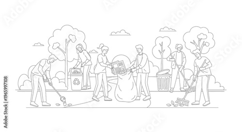 Minimalist line art of volunteers cleaning city park, people collecting garbage and recycling waste, eco friendly community service vector