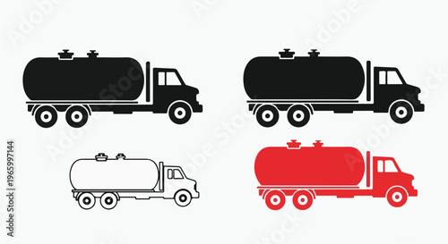 Four distinct tanker truck icons in black, white, and red, against a clean white background with a graphic design style.