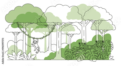 Tropical jungle landscape with wild animals, green rainforest forest with monkey and tigers, exotic nature scene in line art style