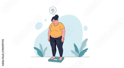 Sad woman standing on a bathroom scale looks down in disappointment while an icon indicates weight gain.