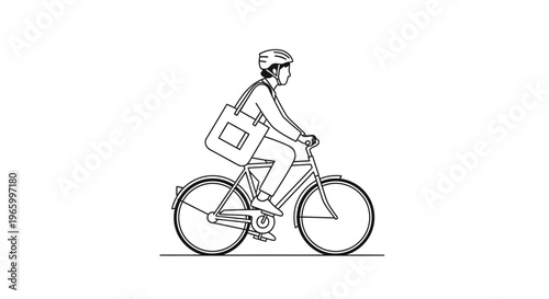 Minimalist line art of man riding bicycle with tote bag, urban cyclist commuting on bike, black and white vector illustration of eco-friendly transport