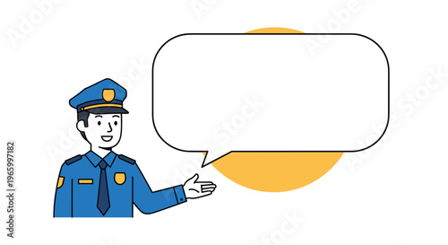 Smiling police officer in a light blue uniform gestures toward a large empty speech bubble for messages.
