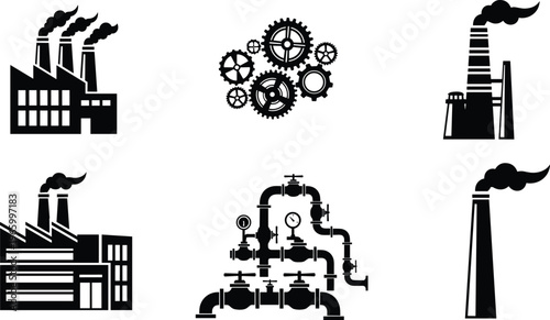Industrial black silhouettes of factories manufacturing plants gears pipes and smoking chimneys representing heavy industry production engineering technology urban pollution and energy vector icons