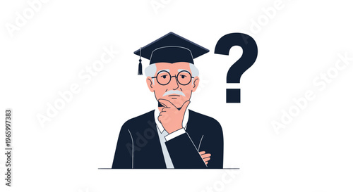 Senior graduate man with a graduation cap and glasses looks thoughtful with a large question mark symbol appearing behind him.