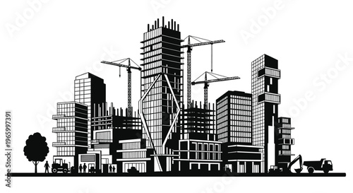 A stark black and white illustration depicts a cityscape under construction dominated by cranes and unfinished structures silhouette high quality professional detailed modern