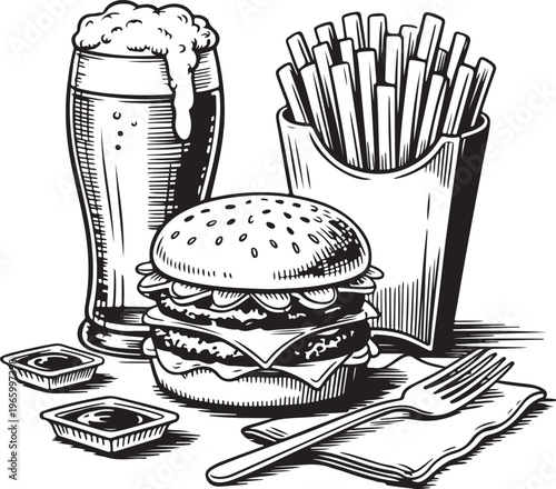 Delicious double beef burger with crispy french fries lager beer and dipping sauce in hand drawn sketch style