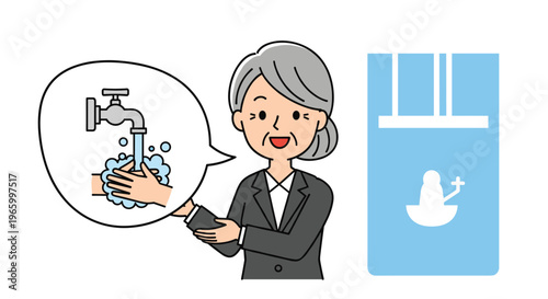 Senior woman in a business suit points towards a speech bubble containing an illustration of hands being washed under a faucet.