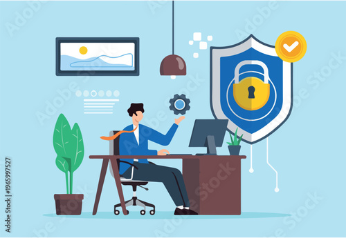 Flat illustration of man managing cybersecurity for remote work telecommuting security