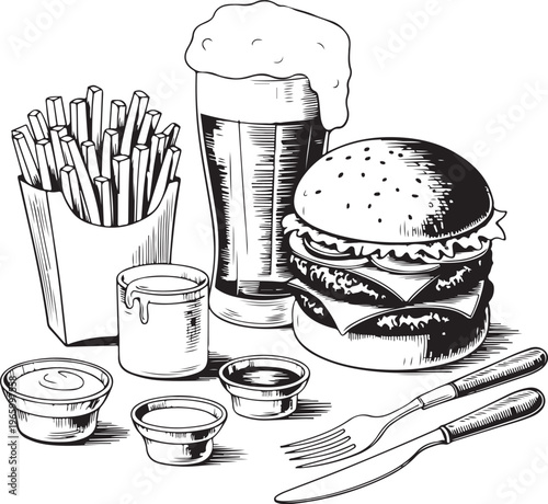 Engraved illustration of fast food meal with burger french fries beer and sauces isolated on background