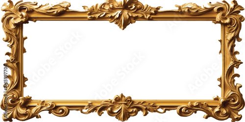 An ornate antique gold picture frame with a vintage baroque design features a carved golden border and an empty blank space for art, isolated on a white wall as an elegant decorative object