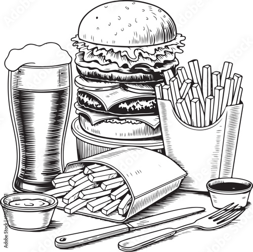 Fast food combo with double cheeseburger french fries beer glass and dipping sauces in vintage engraved style