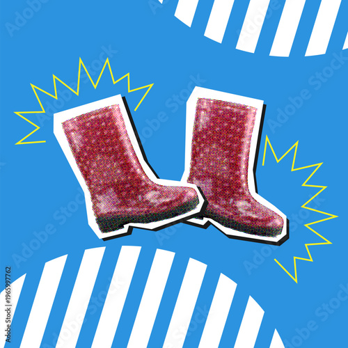 Pop art halftone sticker of rubber boots with textured dot shading