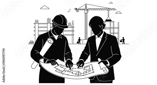 Two construction professionals discuss blueprints on a building site presented in a striking black silhouette high quality professional detailed modern elegant
